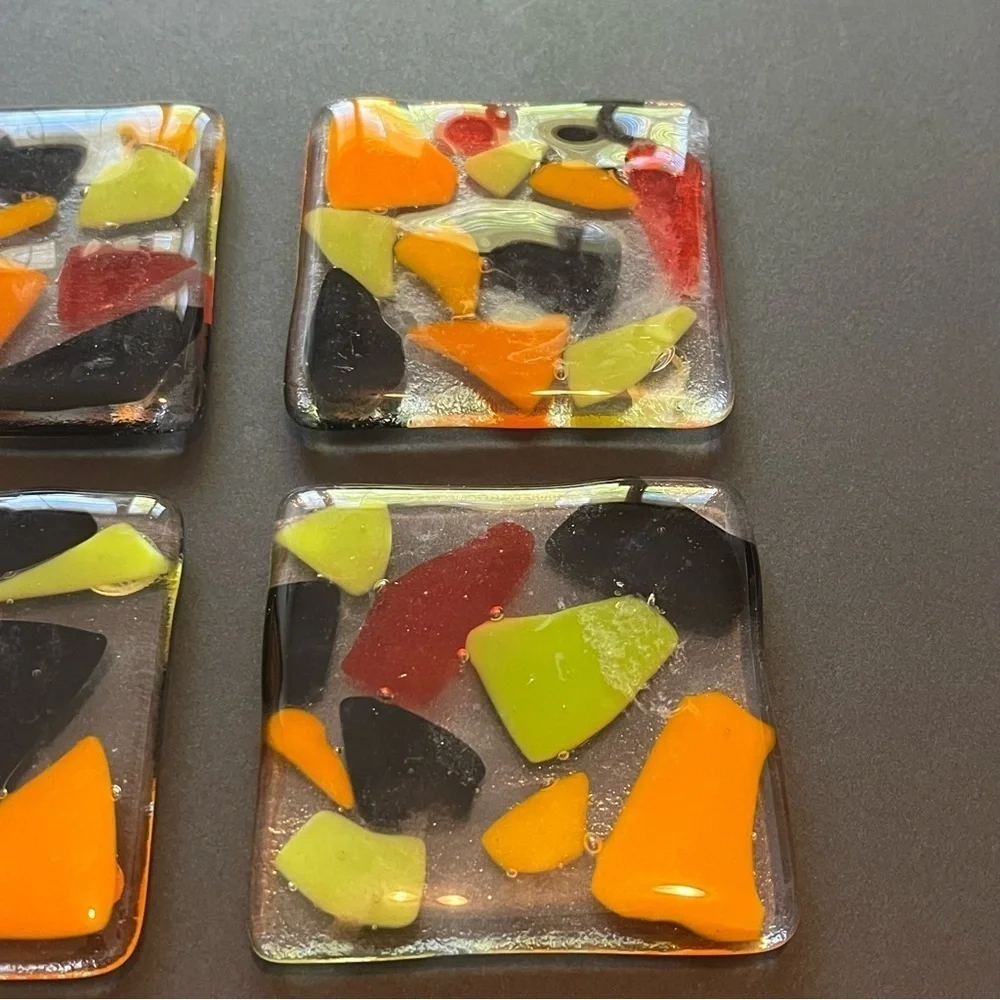 Fused Art Glass Coasters Barware Drink Abstract Geometric Black Orange MCM 4x
